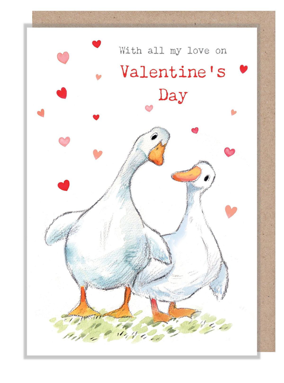 Valentine's Day Card - All My Love - 2 White Ducks with Hearts