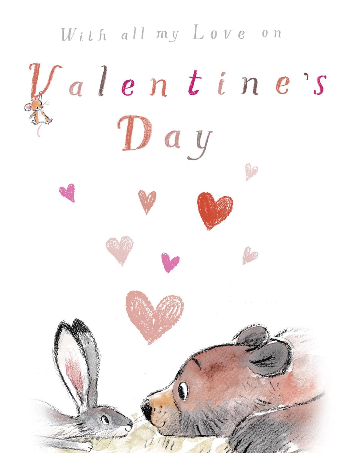 Valentines' Day Card - with All My Love - Bear Looking at Hare, Red Hearts