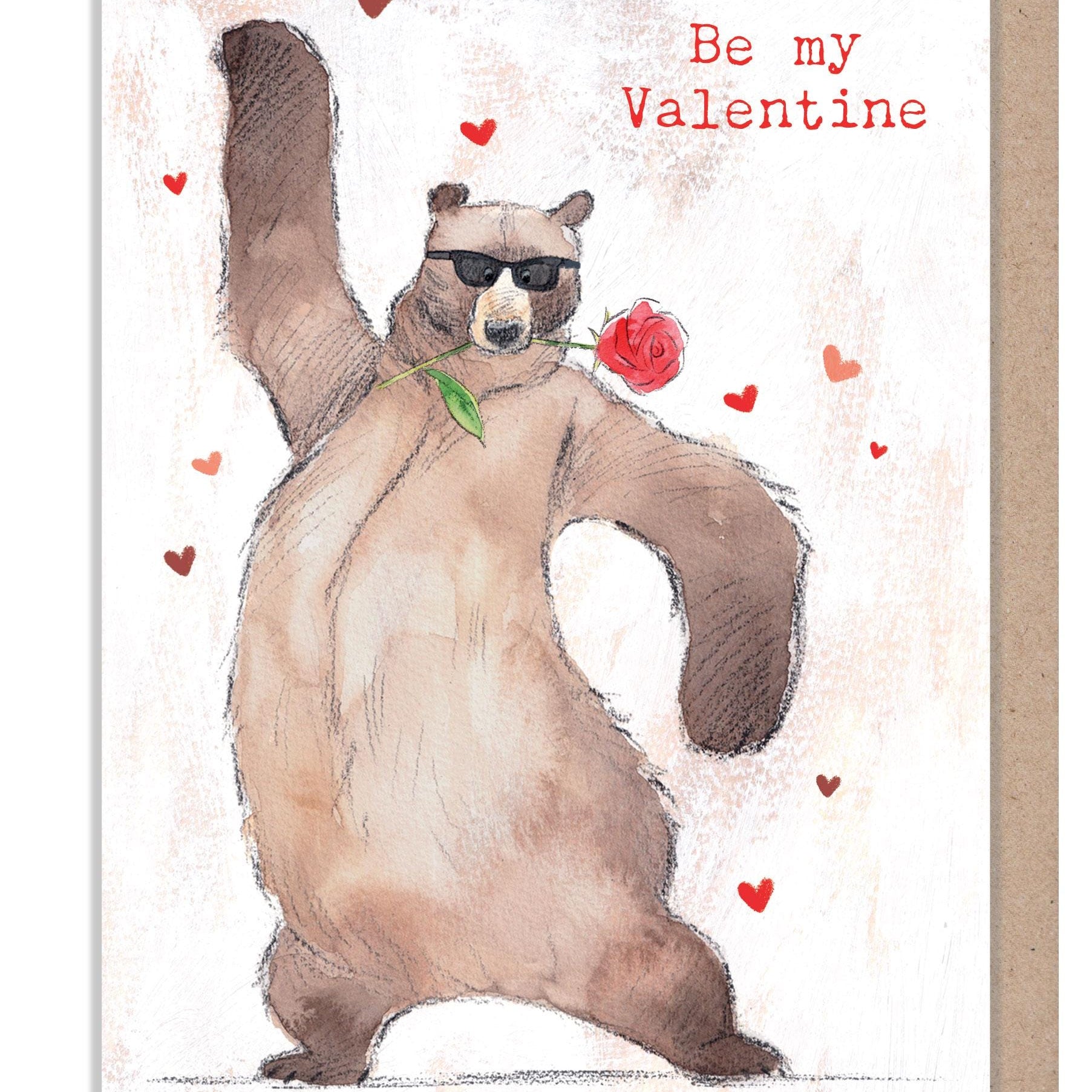 Valentine's Day Card - Be My Valentine - Bear Wearing Sunglasses - Red Rose in Teeth