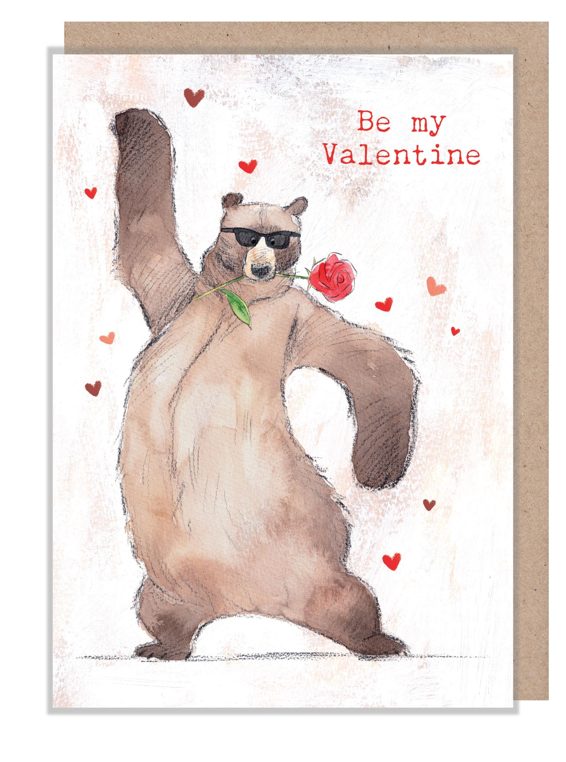 Valentine's Day Card - Be My Valentine - Bear Wearing Sunglasses - Red Rose in Teeth
