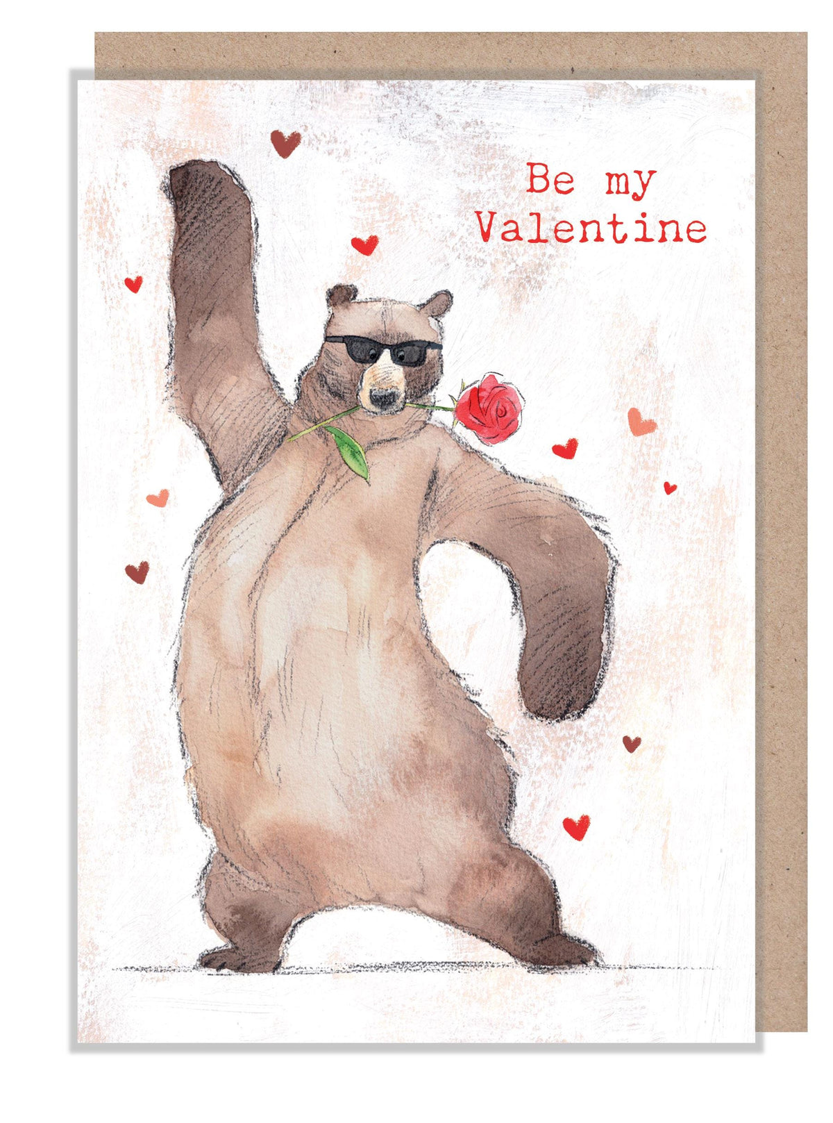 Valentine's Day Card - Be My Valentine - Bear Wearing Sunglasses - Red Rose in Teeth