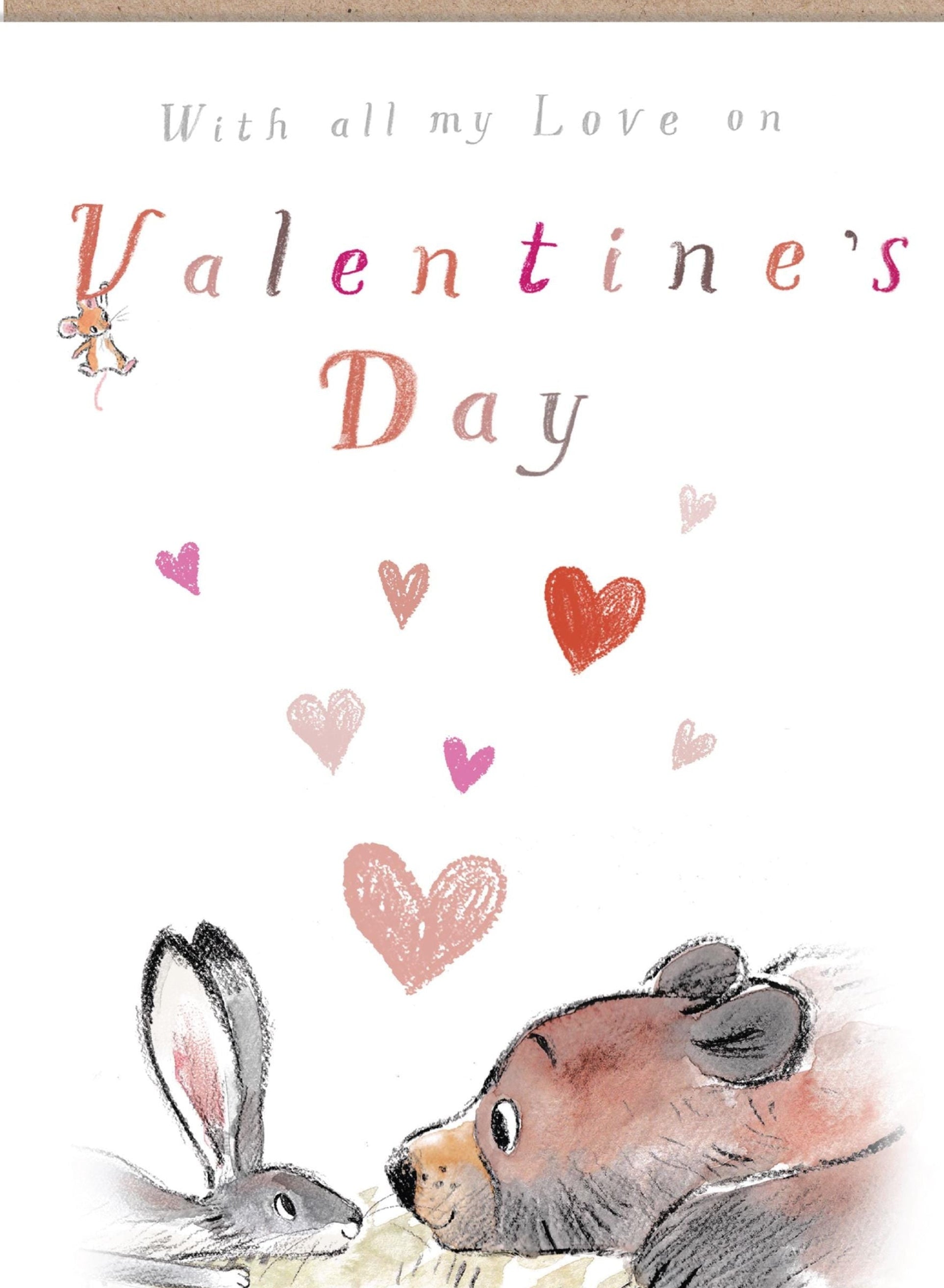 Valentines' Day Card - with All My Love - Bear Looking at Hare, Red Hearts